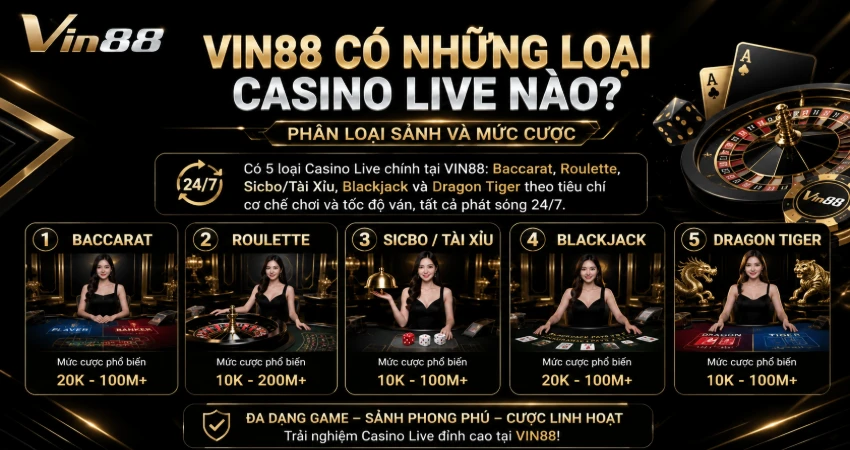 VIN88 Có Uy Tín Không? Nhà Cái World Cup 2026 Công Nghệ Xtool Hoàn Trả 1.7% | +88K 2026 31 VIN88 Có Những Loại Casino Live Nào? Phân Loại Sảnh Và Mức Cược
